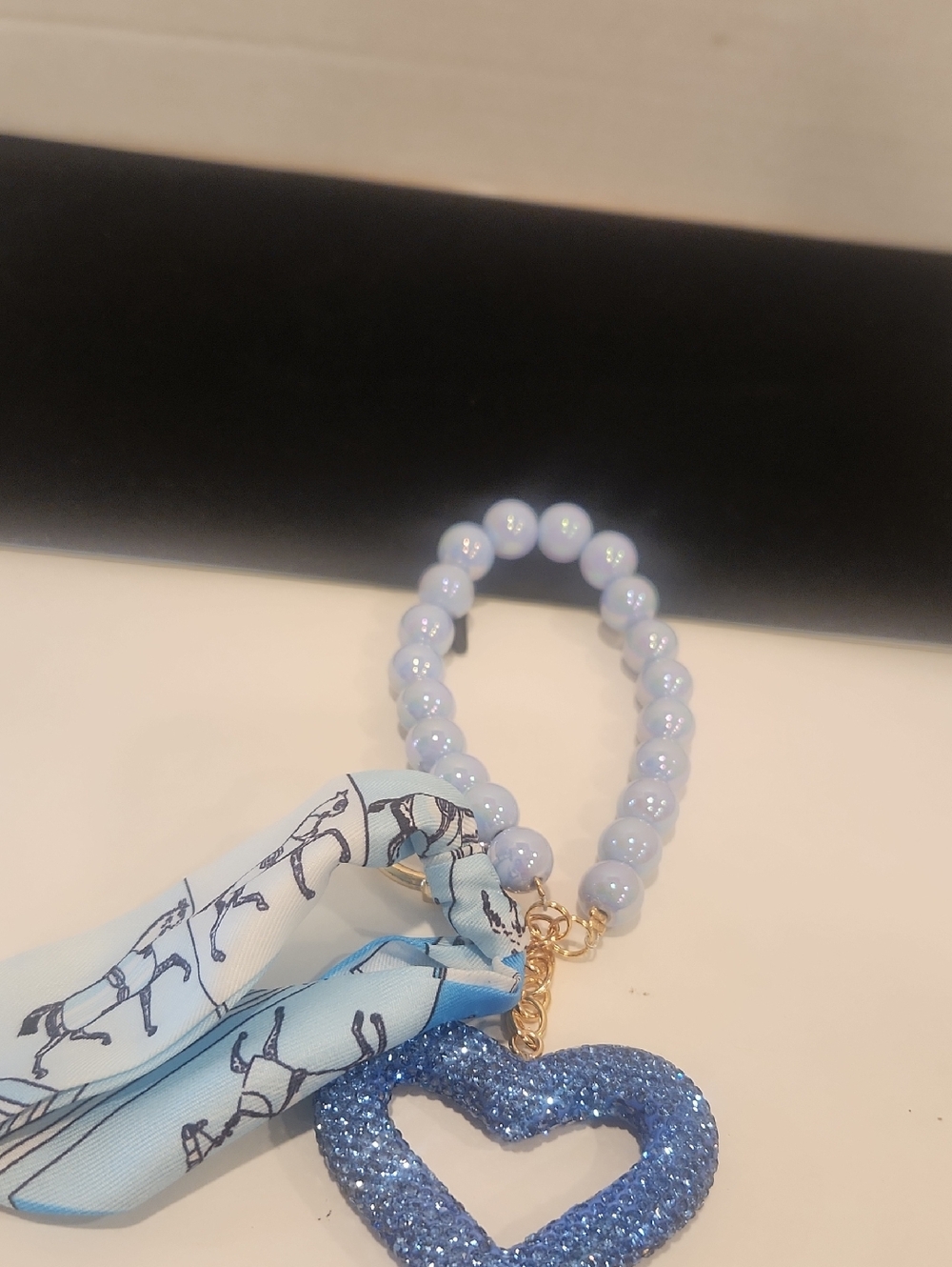 Blue Key Chain Heart Beaded Bracelet with Scarf Accent